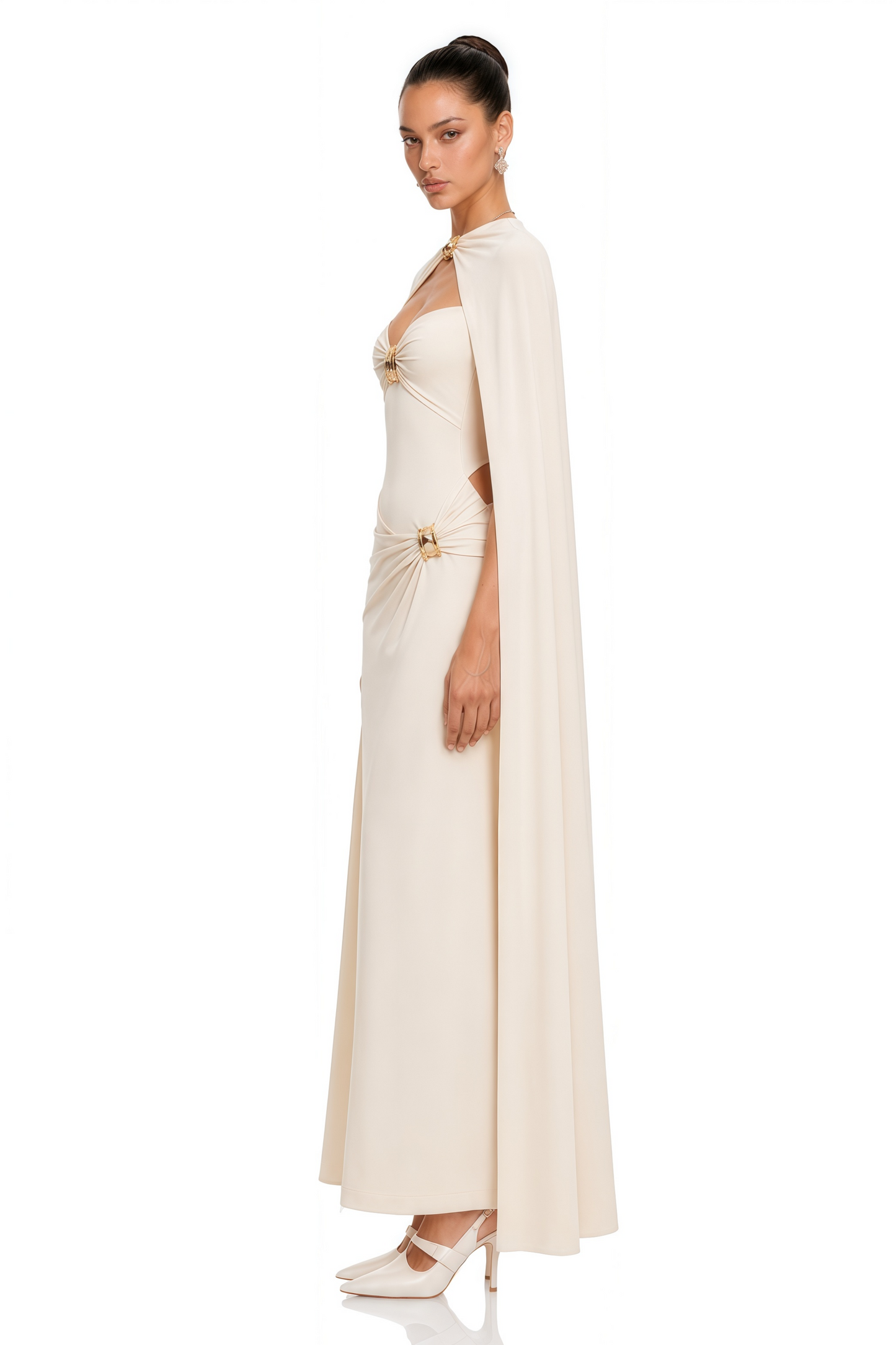 Patricie White Ruched Maxi Dress & Cape Set with Metal Hardware