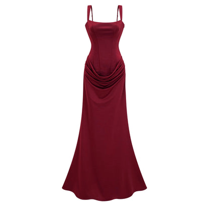 Paulette Red Ruched Corset Maxi Dress