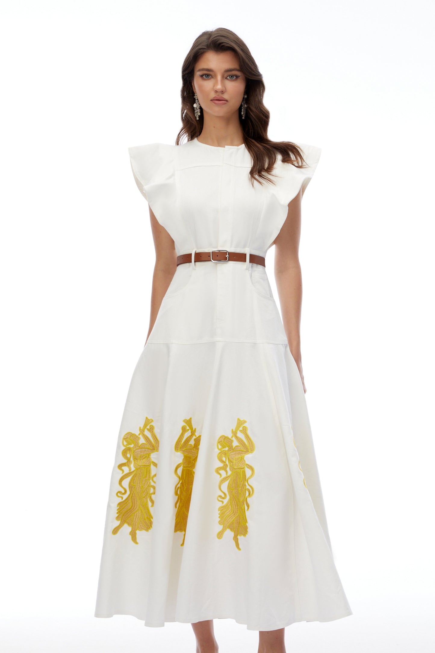 Pearl White Embroidered Maxi Dress with Flutter Sleeves