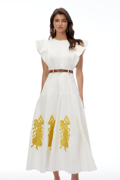 Pearl White Embroidered Maxi Dress with Flutter Sleeves