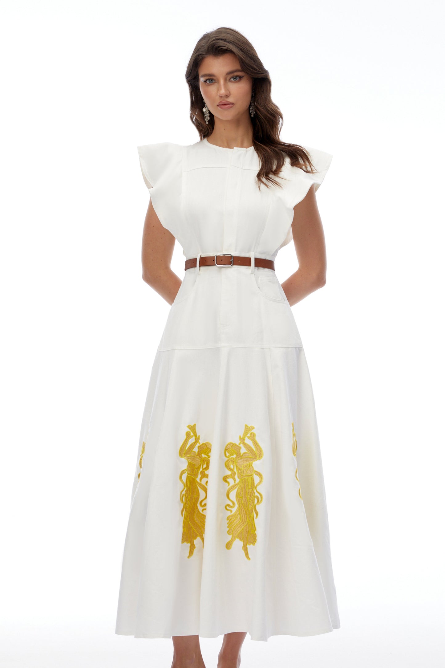 Pearl White Embroidered Maxi Dress with Flutter Sleeves