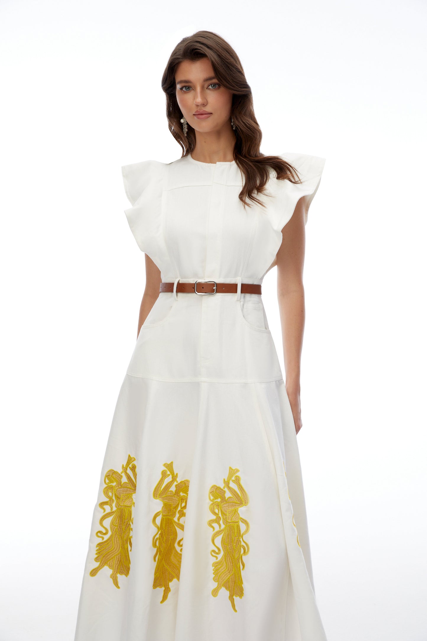 Pearl White Embroidered Maxi Dress with Flutter Sleeves