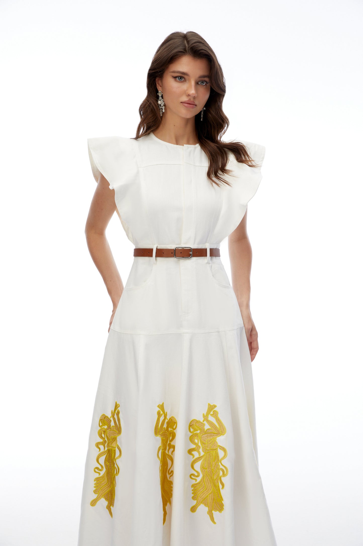 Pearl White Embroidered Maxi Dress with Flutter Sleeves