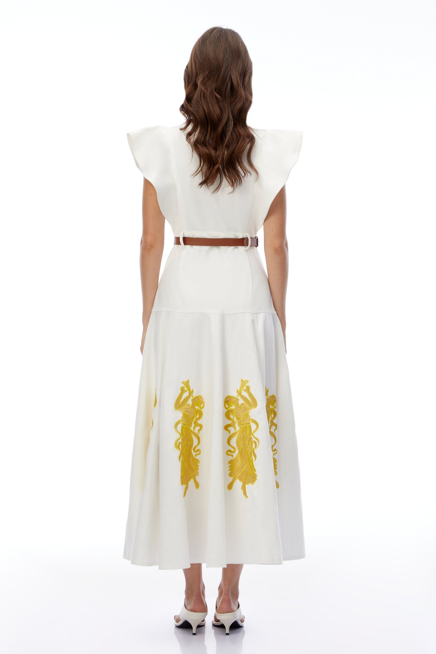 Pearl White Embroidered Maxi Dress with Flutter Sleeves
