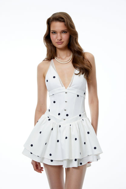 Patrizia White Plunge Neck Polka Dot Mini Dress