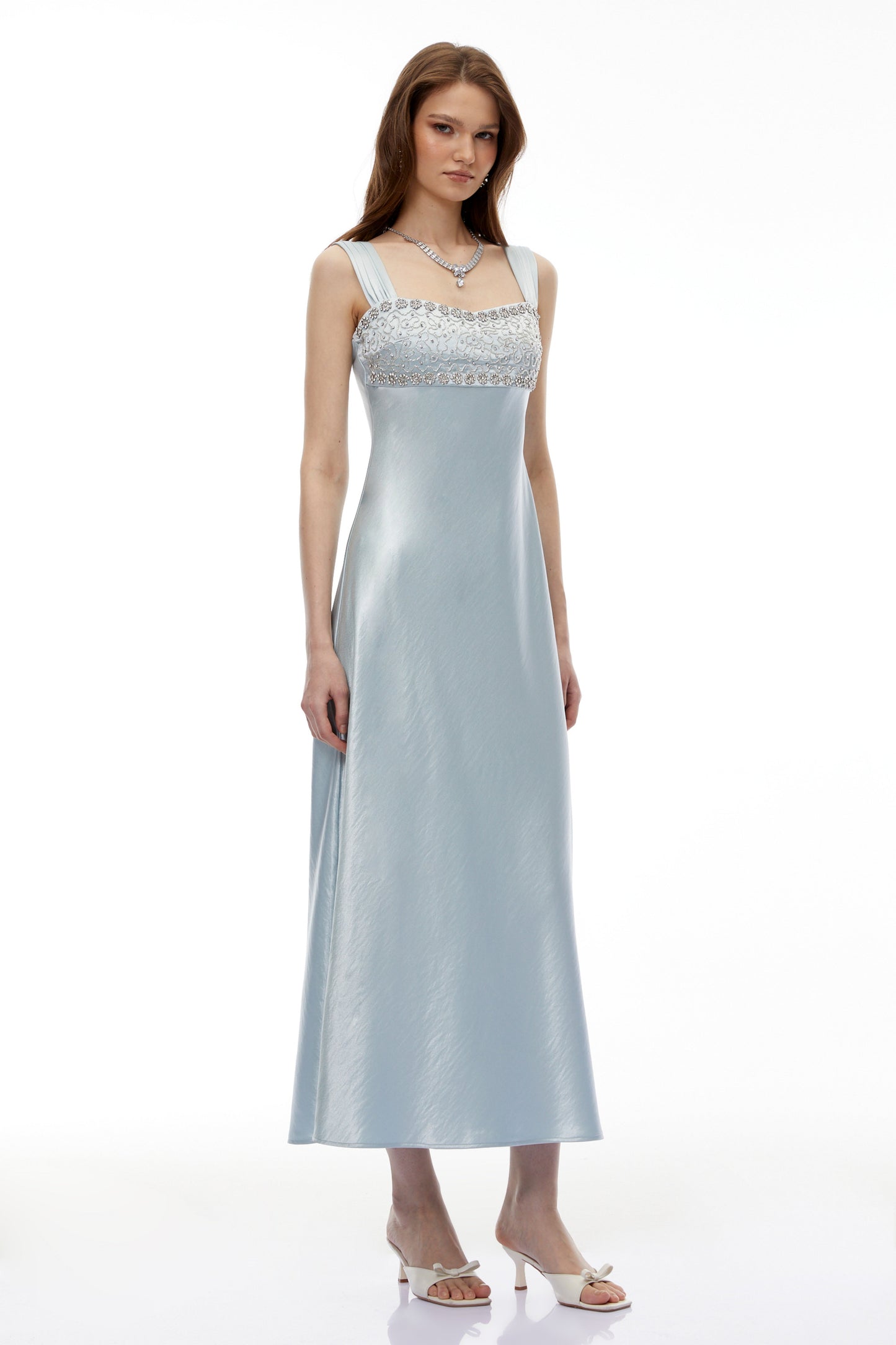 Perrine Cobalt Blue Embellished Satin Midi Dress