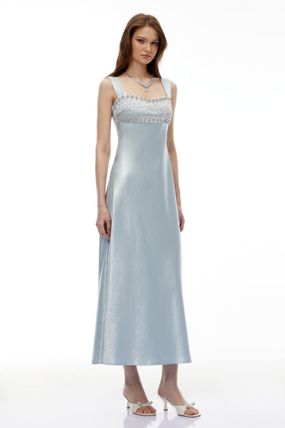 Perrine Cobalt Blue Embellished Satin Midi Dress