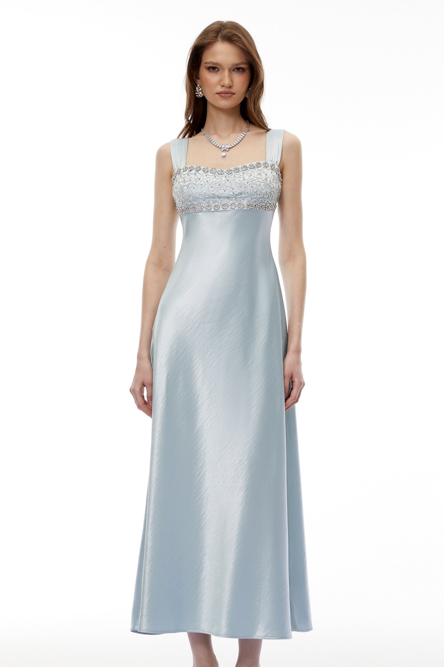 Perrine Cobalt Blue Embellished Satin Midi Dress