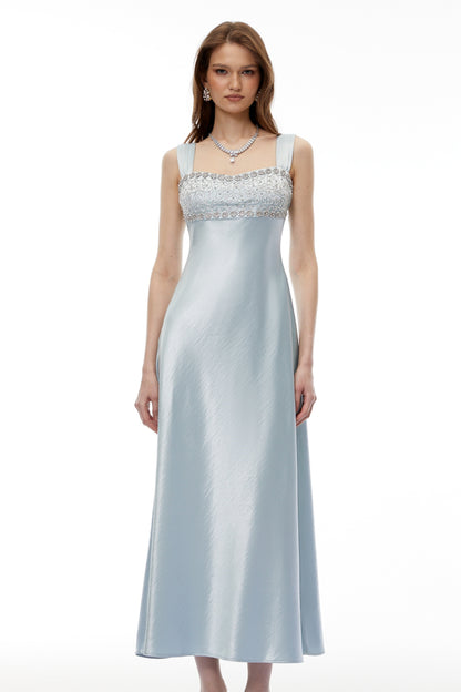 Perrine Cobalt Blue Embellished Satin Midi Dress