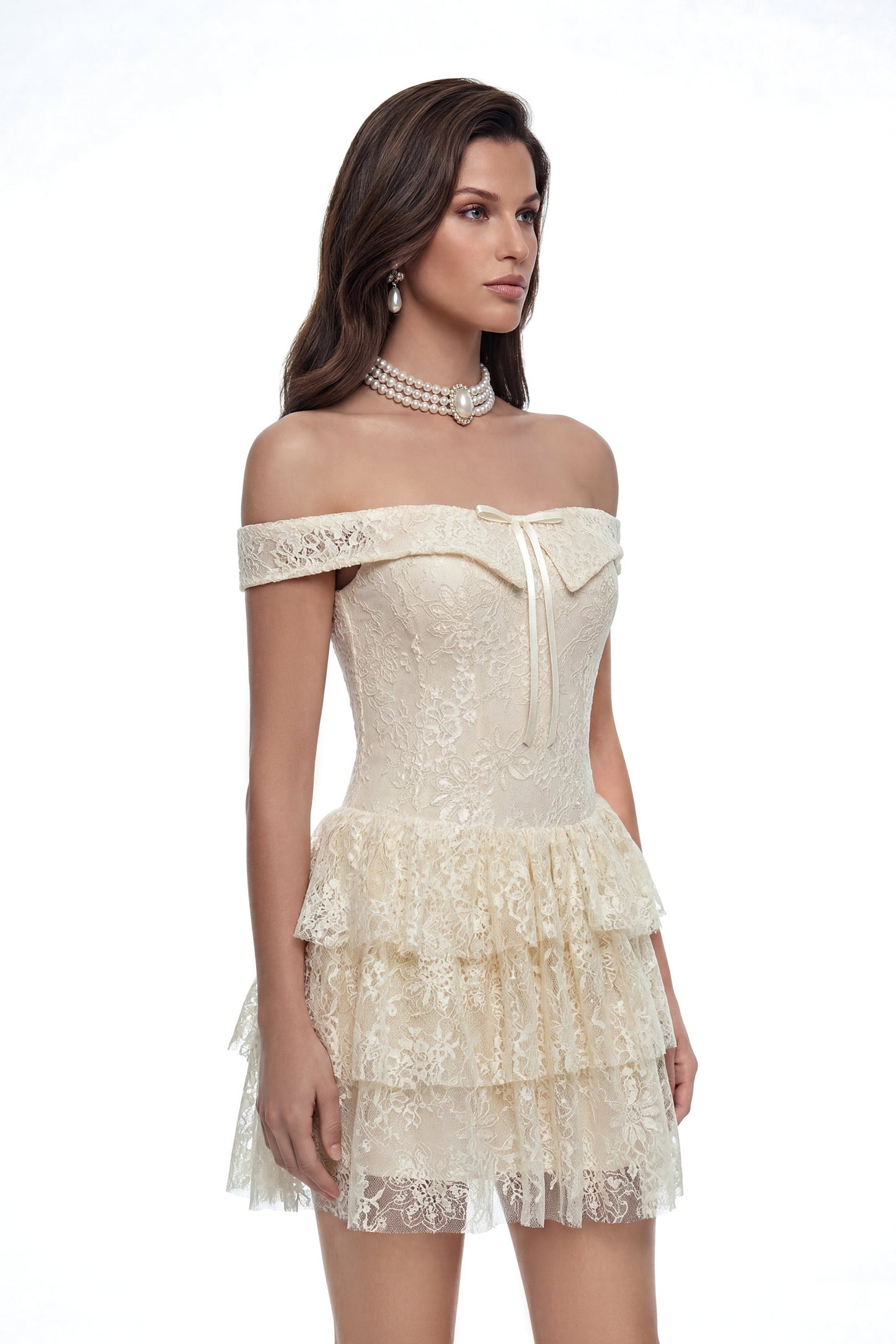 Petra Cream Off Shoulder Lace Mini Dress