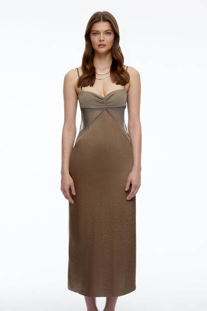 Petra Olive Green Semi-Sheer Satin Midi Dress