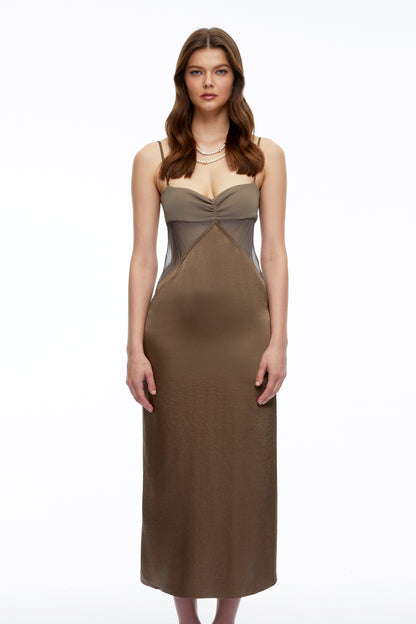 Petra Olive Green Semi-Sheer Satin Midi Dress
