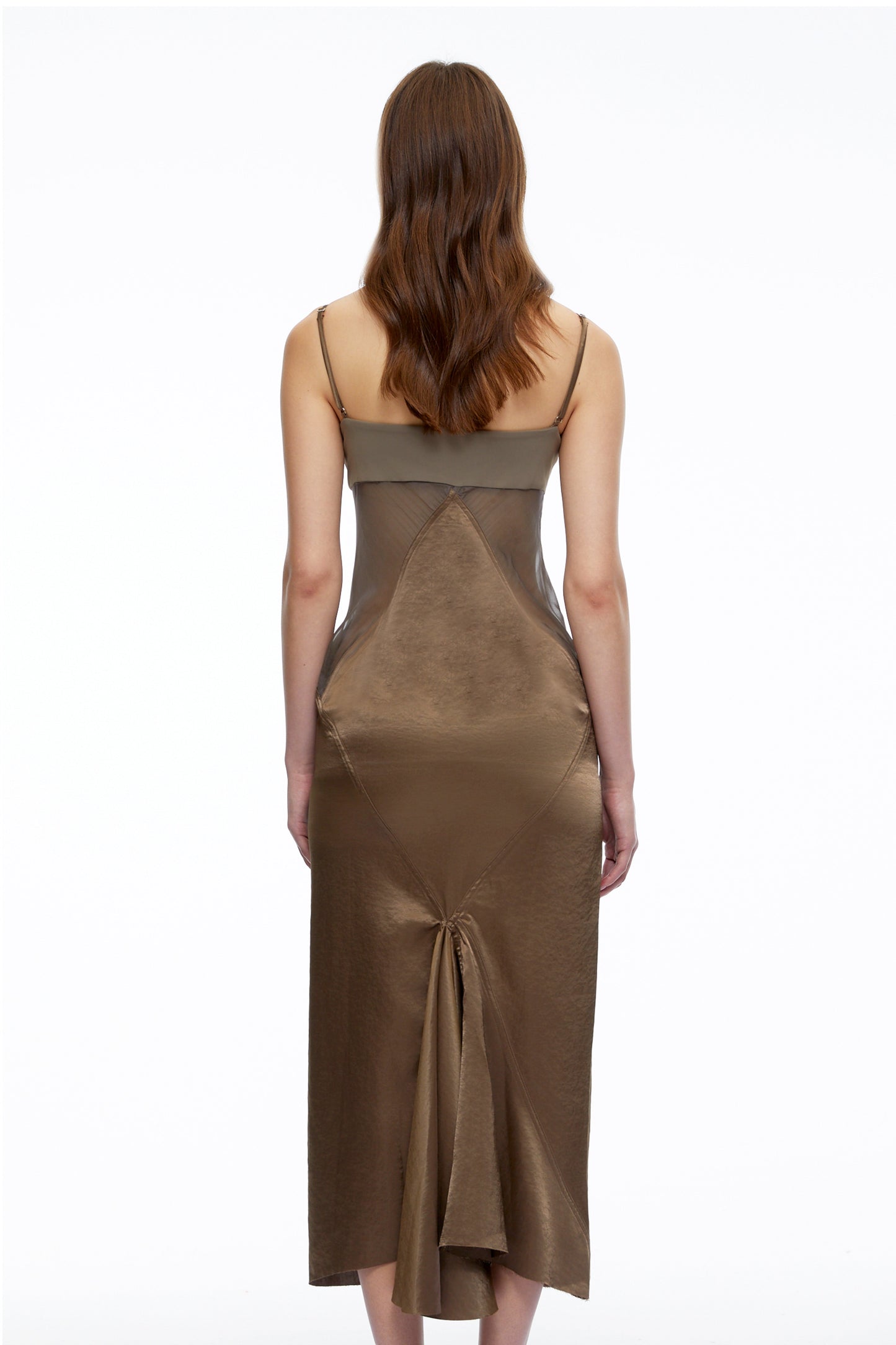 Petra Olive Green Semi-Sheer Satin Midi Dress