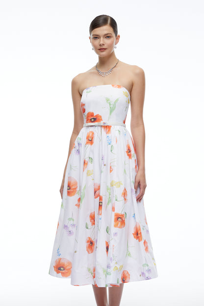 Petronilla White Floral Strapless Midi Dress