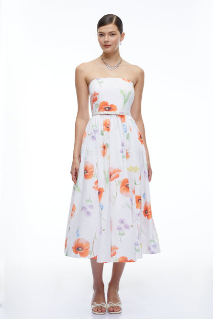 Petronilla White Floral Strapless Midi Dress