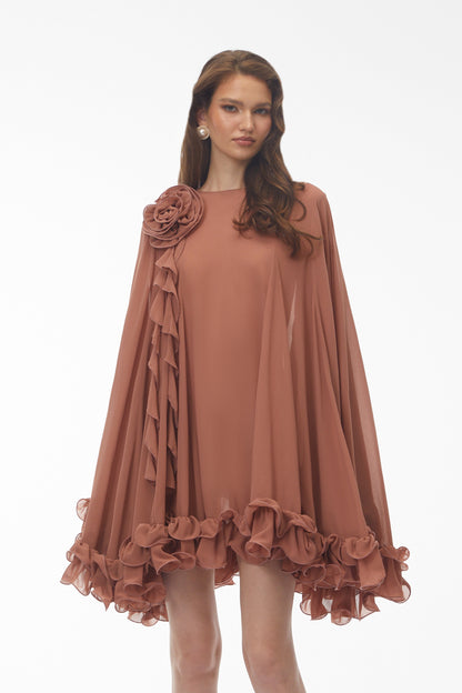 Philippa Terracotta Mini Elbise 3D Çiçekli