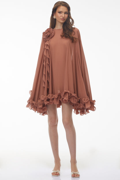 Philippa Terracotta Mini Elbise 3D Çiçekli