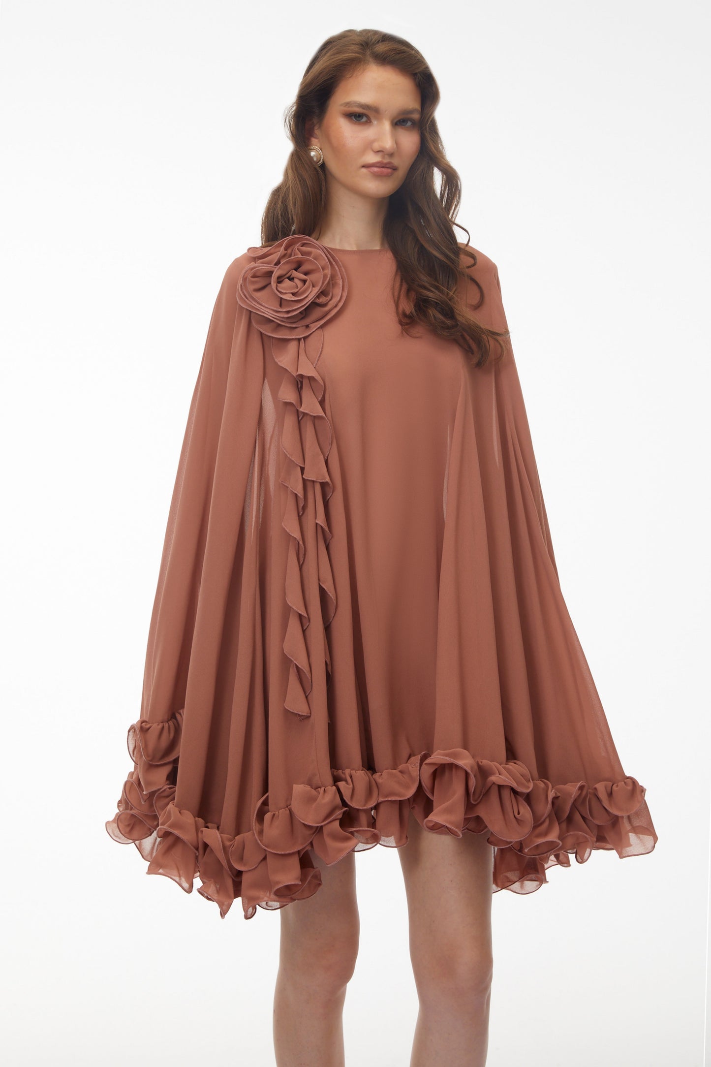 Philippa Terracotta Mini Elbise 3D Çiçekli
