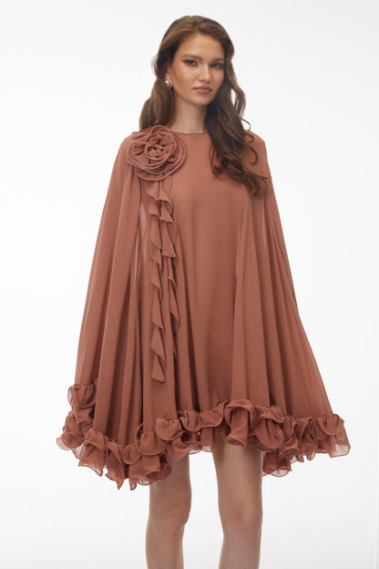 Philippa Terracotta Mini Elbise 3D Çiçekli