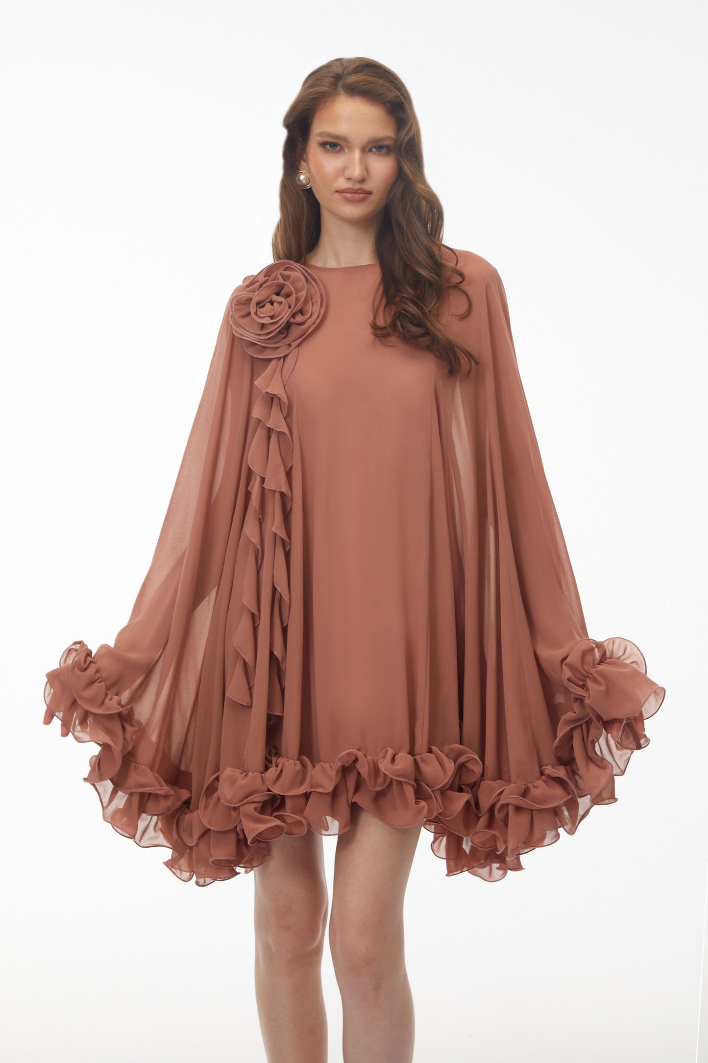Philippa Terracotta Mini Elbise 3D Çiçekli