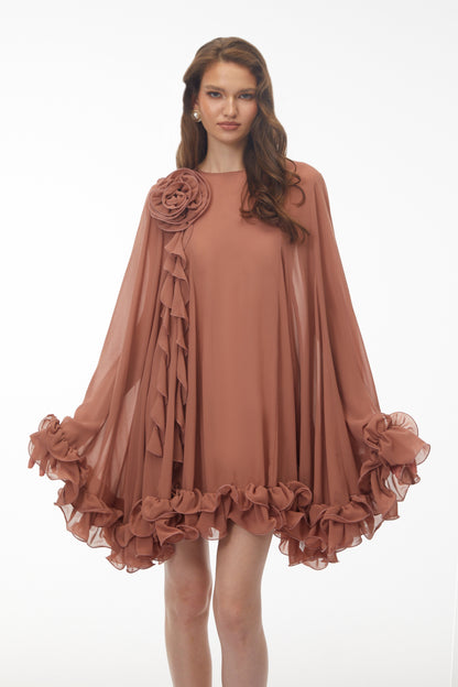 Philippa Terracotta Mini Elbise 3D Çiçekli