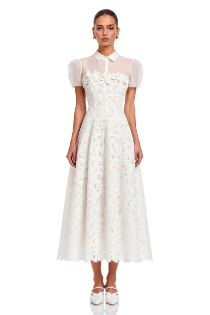 Philippa White Mesh Panel Midi Dress with Lace Applique