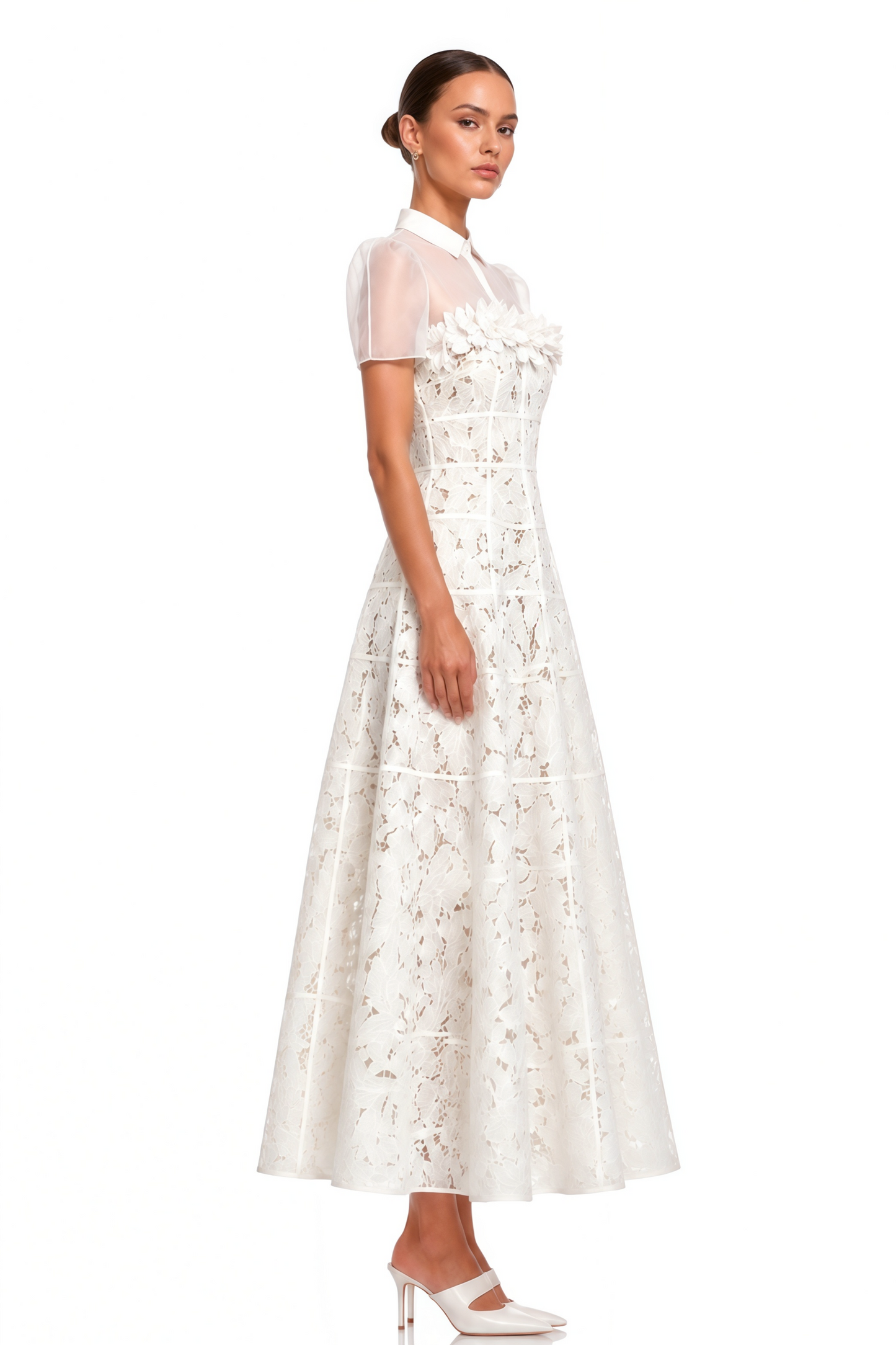 Philippa White Mesh Panel Midi Dress with Lace Applique