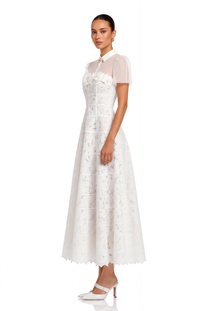 Philippa White Mesh Panel Midi Dress with Lace Applique