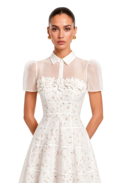 Philippa White Mesh Panel Midi Dress with Lace Applique