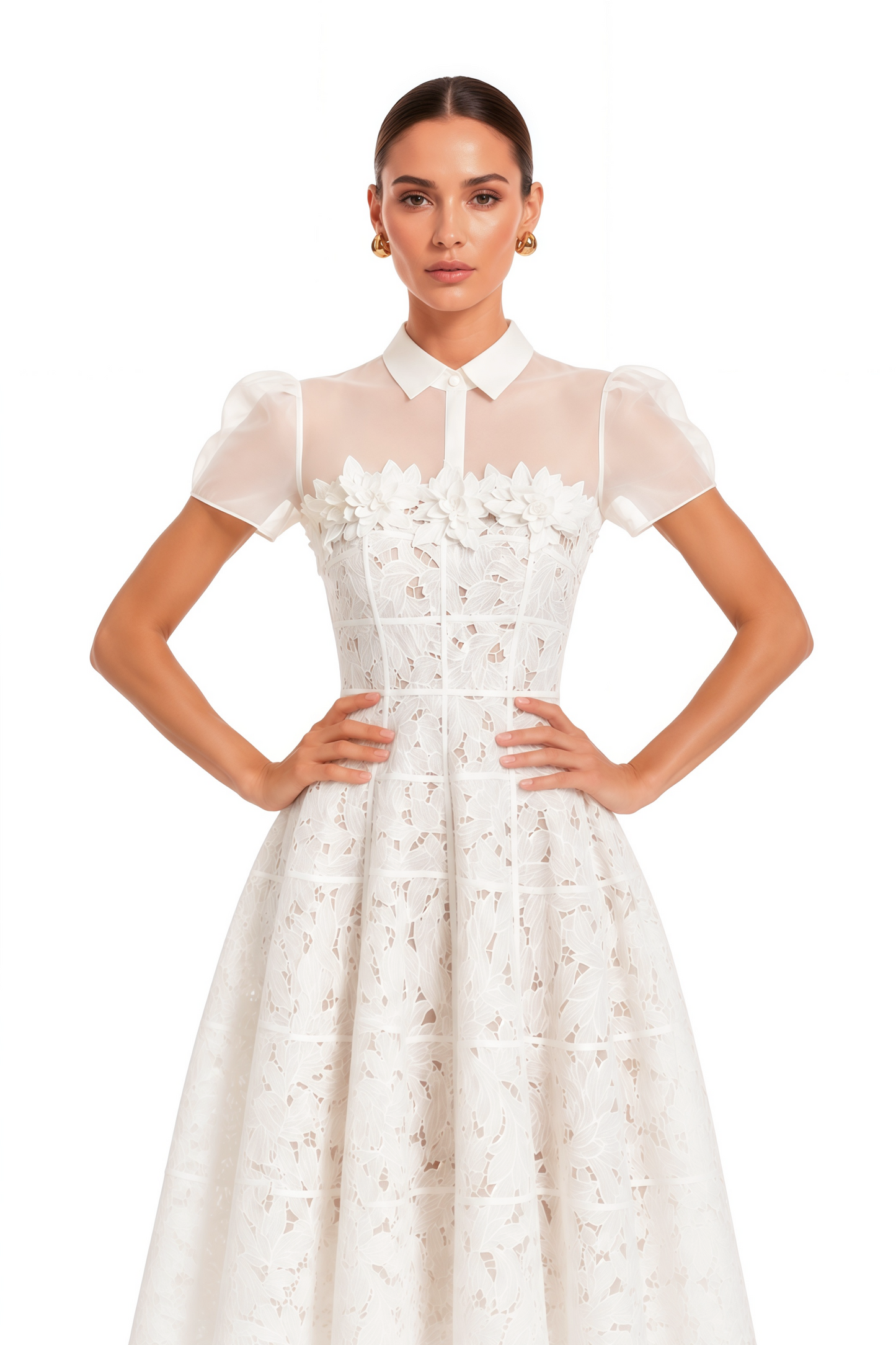 Philippa White Mesh Panel Midi Dress with Lace Applique