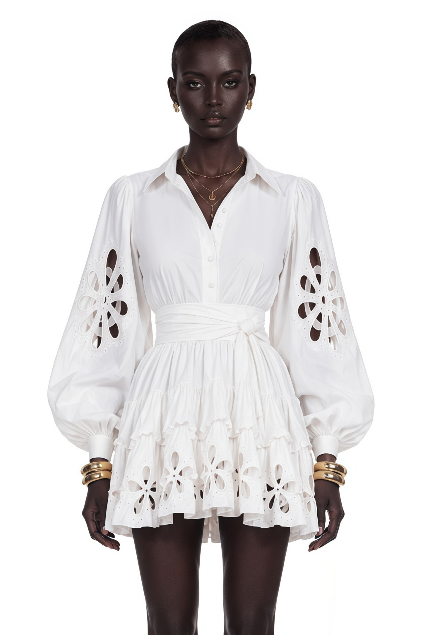 Philomena White Cut-Out Floral Ruffled Mini Dress