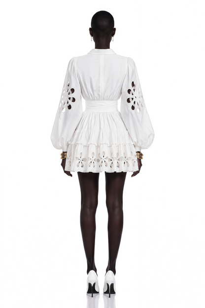Philomena White Cut-Out Floral Ruffled Mini Dress