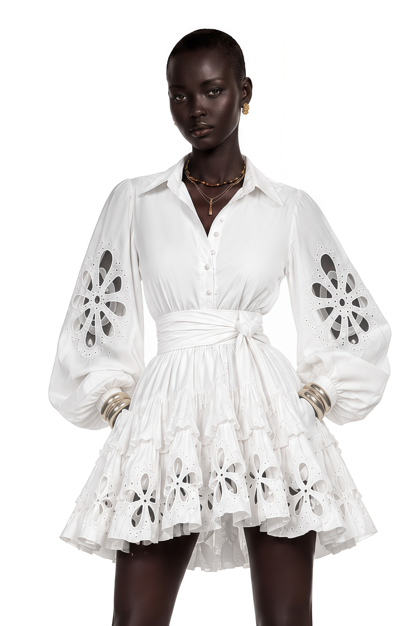 Philomena White Cut-Out Floral Ruffled Mini Dress