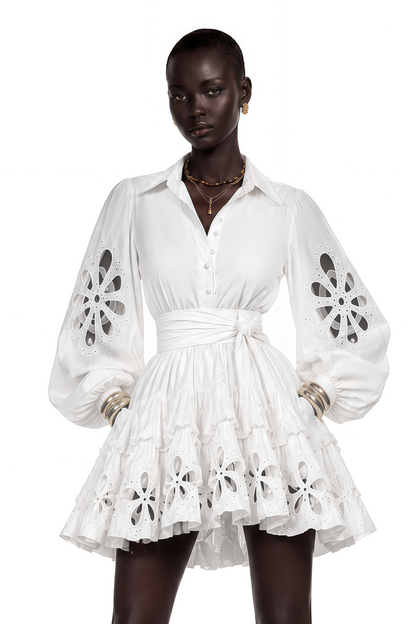 Philomena White Cut-Out Floral Ruffled Mini Dress