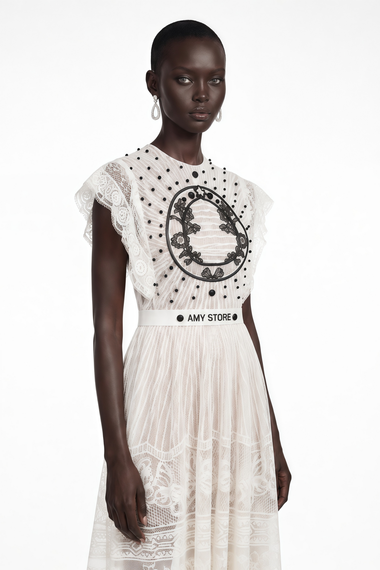 Phoebe White Jacquard Floral-lace Pleated Midi Dress