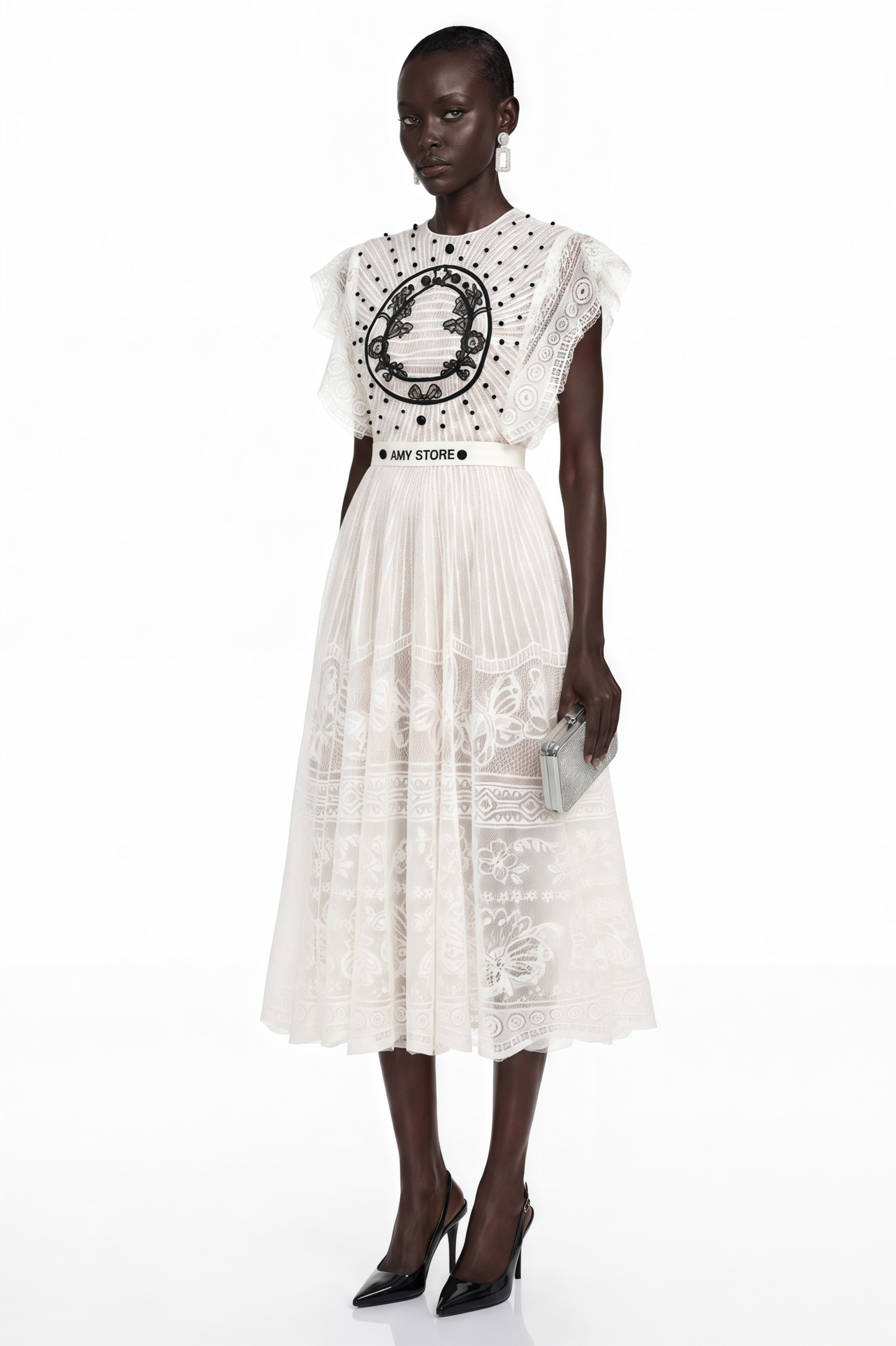 Phoebe White Jacquard Floral-lace Pleated Midi Dress