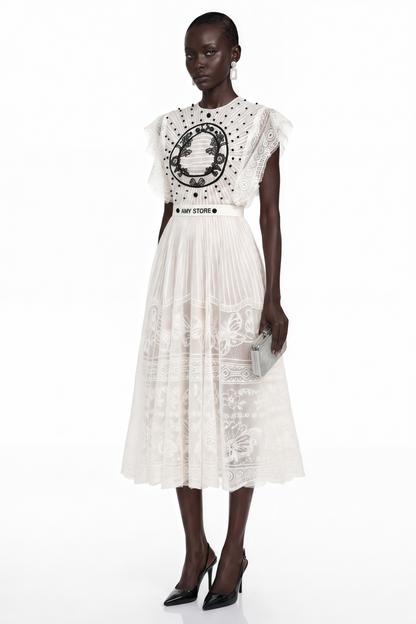 Phoebe White Jacquard Floral-lace Pleated Midi Dress