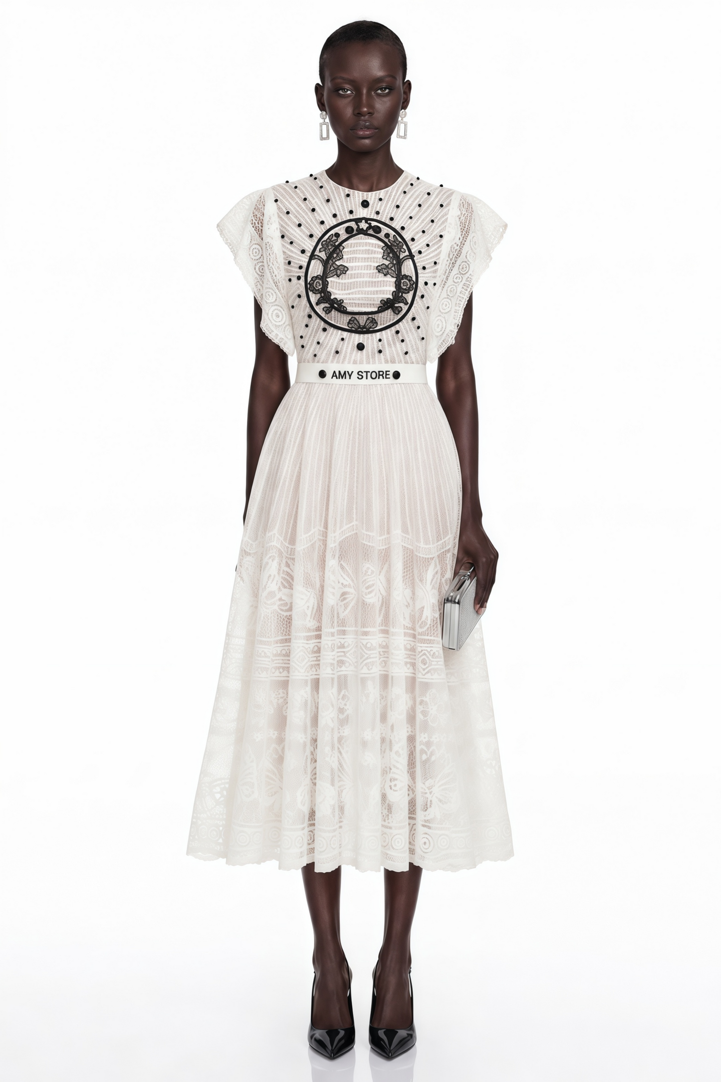 Phoebe White Jacquard Floral-lace Pleated Midi Dress