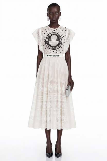 Phoebe White Jacquard Floral-lace Pleated Midi Dress