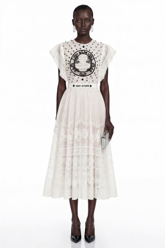 Phoebe White Jacquard Floral-lace Pleated Midi Dress
