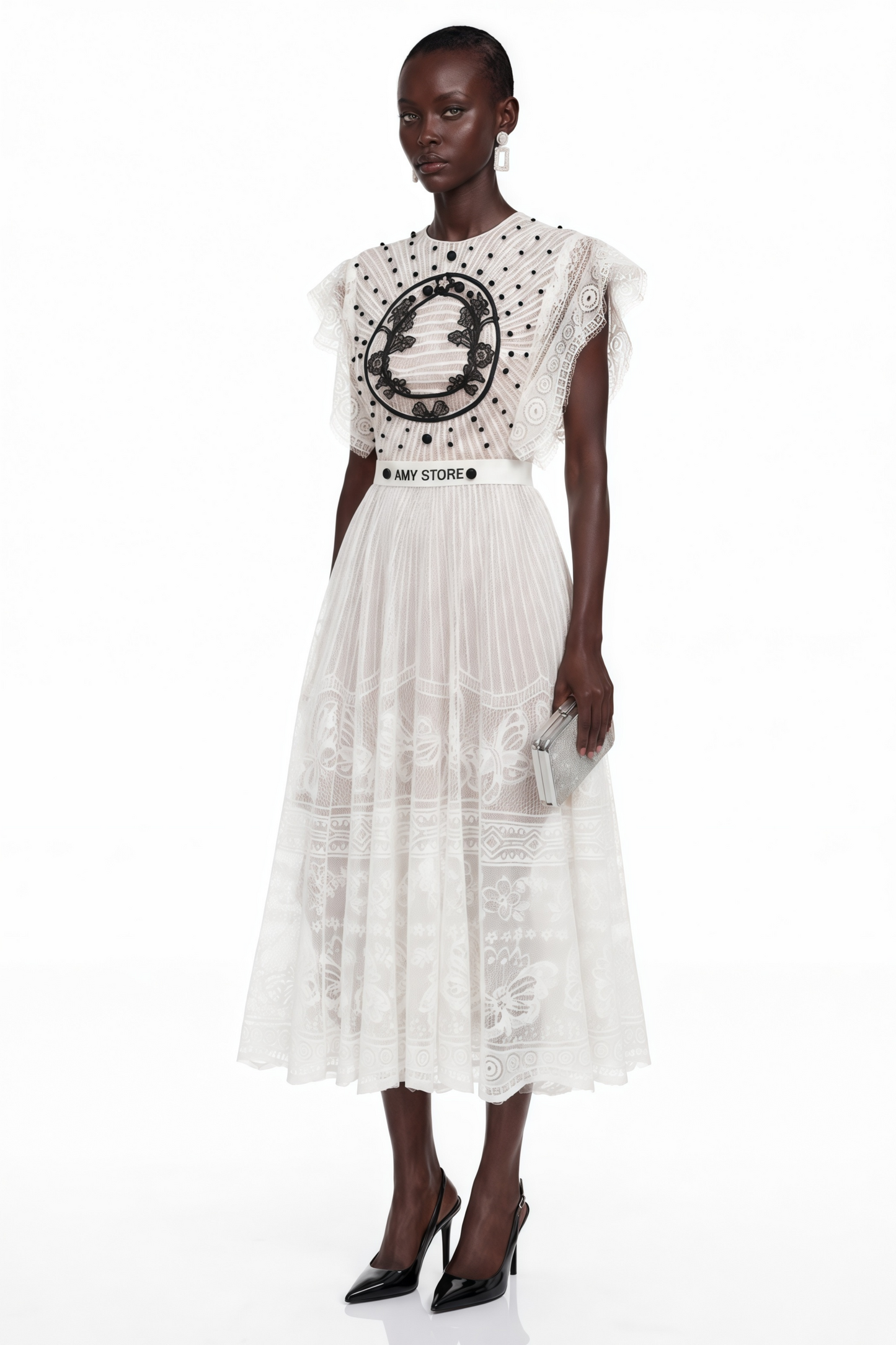 Phoebe White Jacquard Floral-lace Pleated Midi Dress