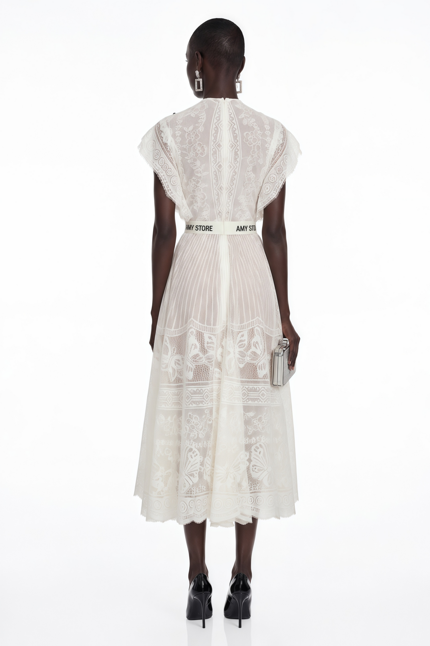 Phoebe White Jacquard Floral-lace Pleated Midi Dress