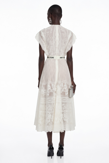 Phoebe White Jacquard Floral-lace Pleated Midi Dress