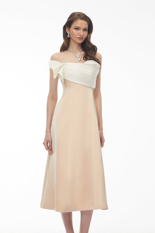 Phoenix Champagne Off Shoulder Draped Floral Midi Dress