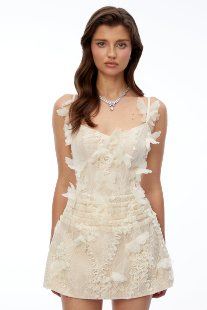 Phyllis Neutral Lace Mini Dress with 3D Florals