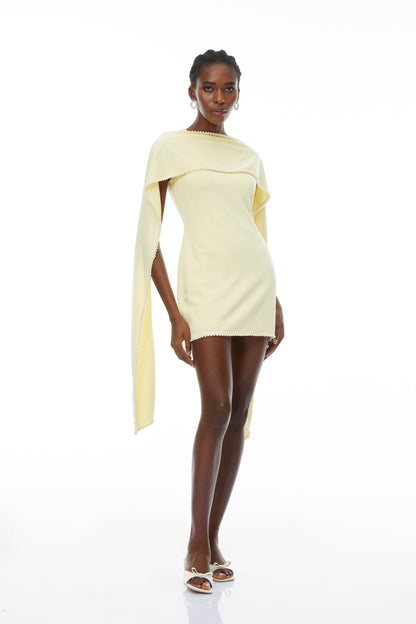 Piroska Yellow Sleeveless Pearl Trim Mini Dress