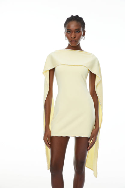 Piroska Yellow Sleeveless Pearl Trim Mini Dress