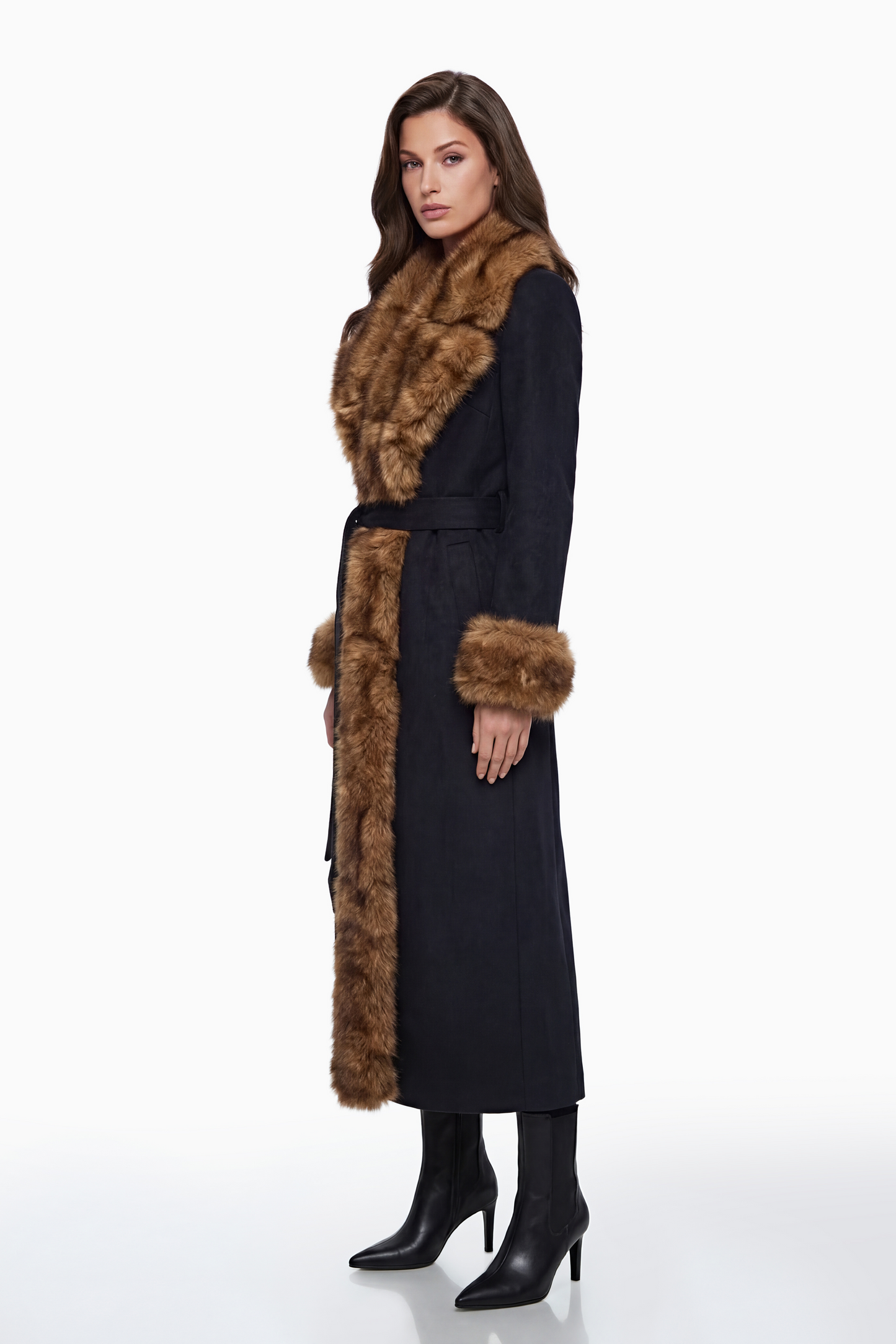 Pola Black Wool Blend Coat with Faux Fur Lapel