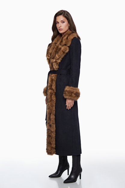 Pola Black Wool Blend Coat with Faux Fur Lapel