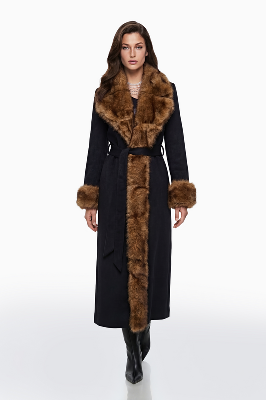 Pola Black Wool Blend Coat with Faux Fur Lapel